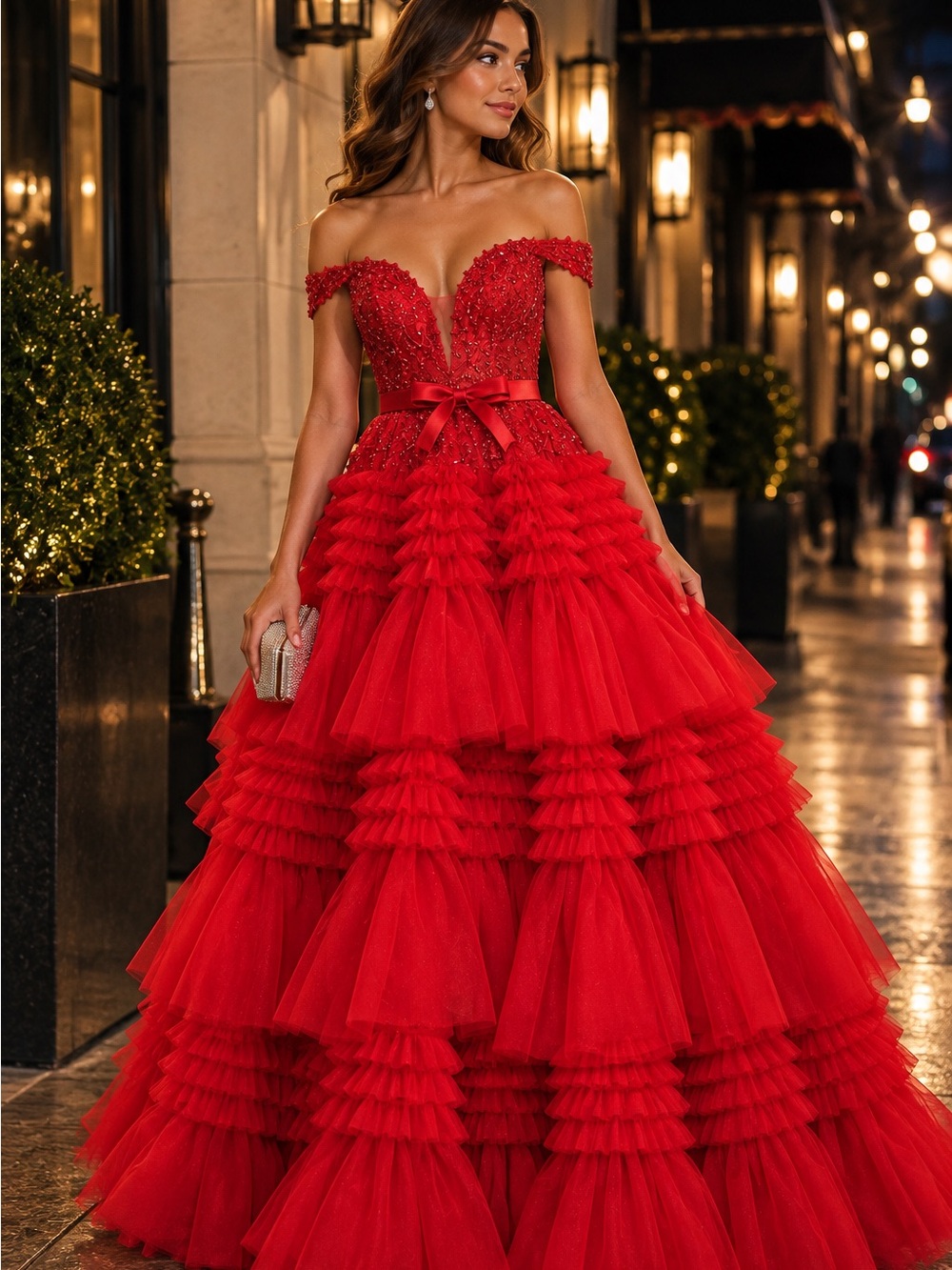 Sherri Hill Red Beaded V-Neck Tiered Tulle Gown